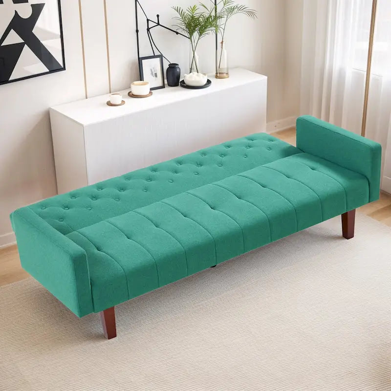 Canapé-lit futon en velours 74, Dossier réglable, Causeuse convertible avec pieds en bois fuselés pour petits espaces