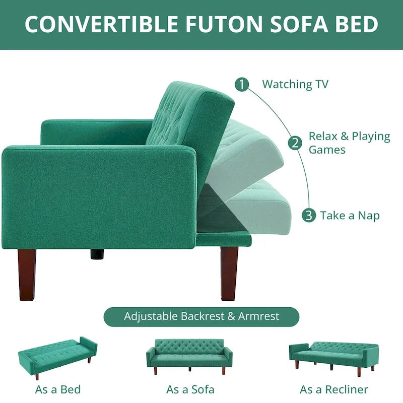 Canapé-lit futon en velours 74, Dossier réglable, Causeuse convertible avec pieds en bois fuselés pour petits espaces
