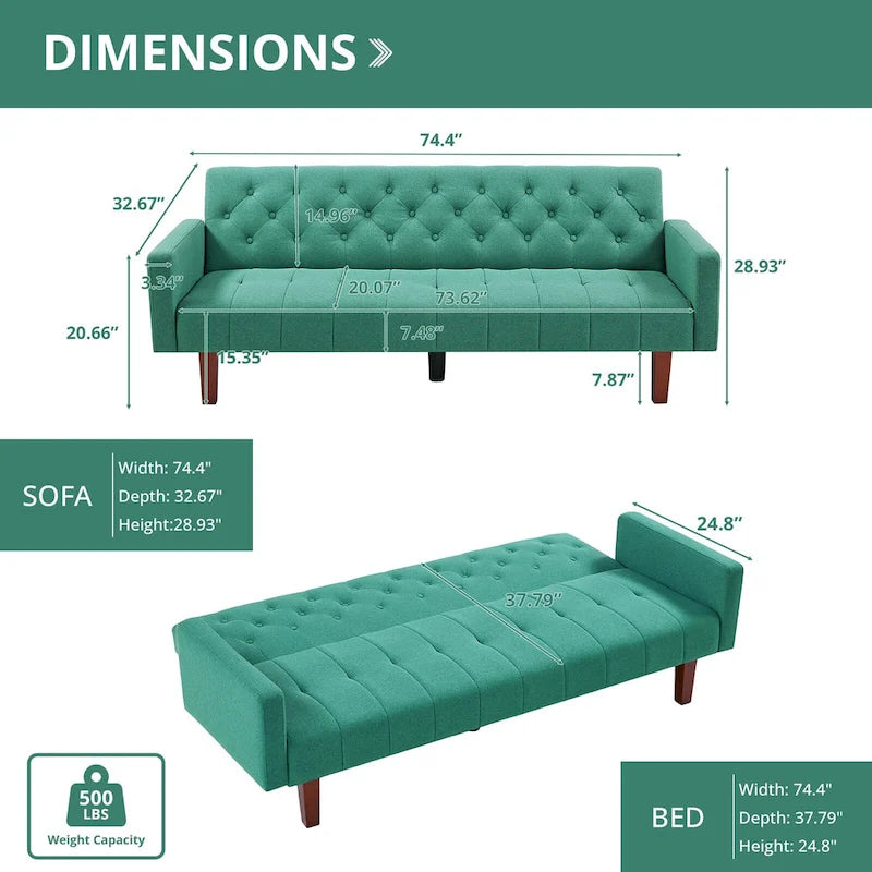 Canapé-lit futon en velours 74, Dossier réglable, Causeuse convertible avec pieds en bois fuselés pour petits espaces