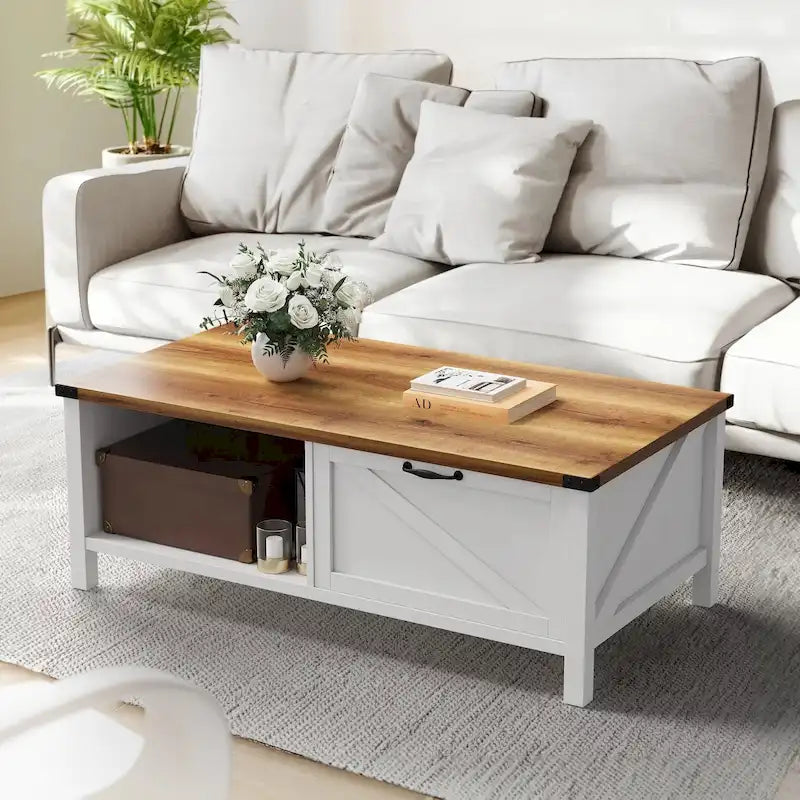 Table basse de ferme avec meuble de rangement et étagère ouverte