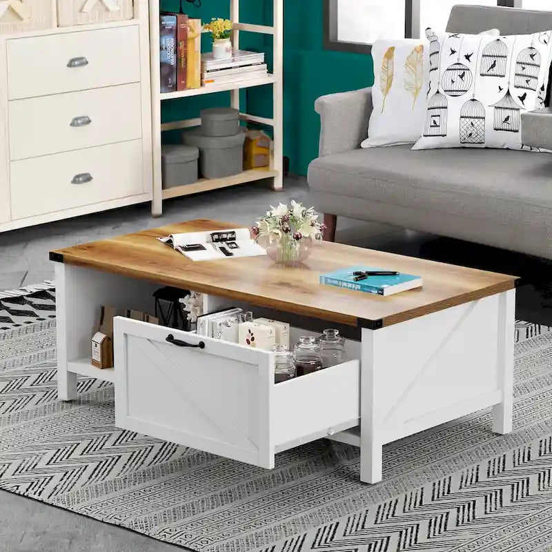 Table basse de ferme avec meuble de rangement et étagère ouverte