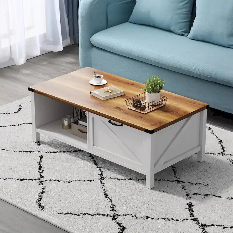 Table basse de ferme avec meuble de rangement et étagère ouverte