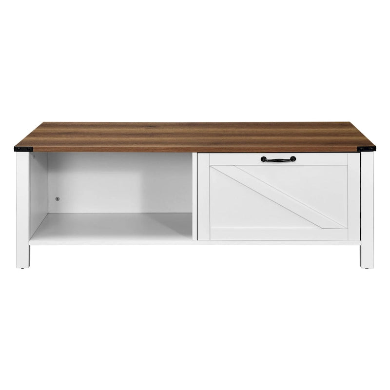 Table basse de ferme avec meuble de rangement et étagère ouverte