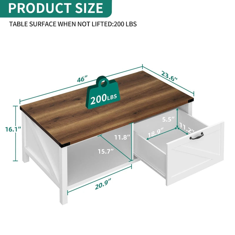 Table basse de ferme avec meuble de rangement et étagère ouverte