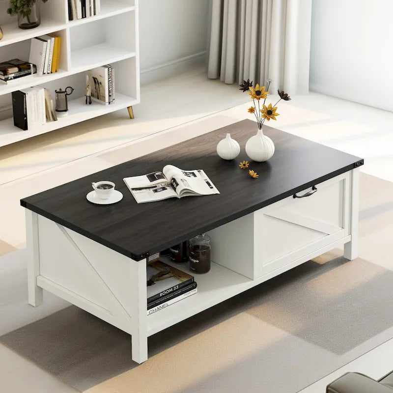 Table basse de ferme avec meuble de rangement et étagère ouverte