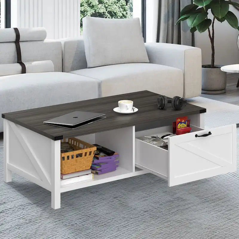 Table basse de ferme avec meuble de rangement et étagère ouverte