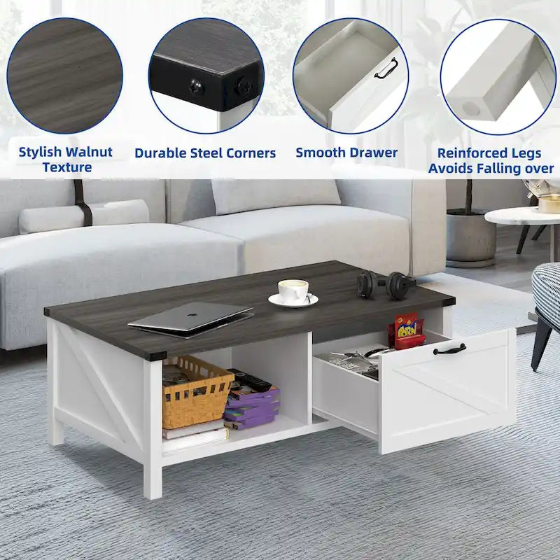 Table basse de ferme avec meuble de rangement et étagère ouverte