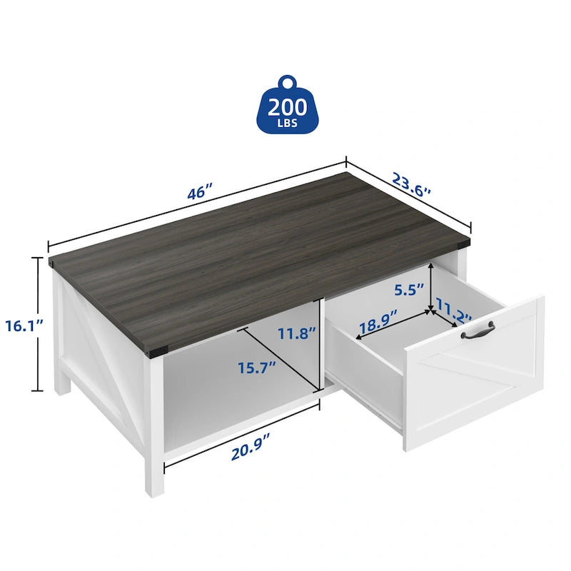 Table basse de ferme avec meuble de rangement et étagère ouverte