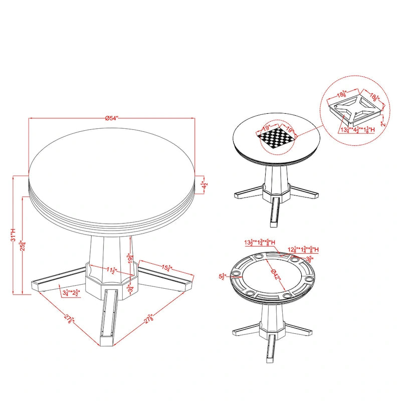 Table de jeu ronde en bois blanc antique traditionnelle de 54 pouces