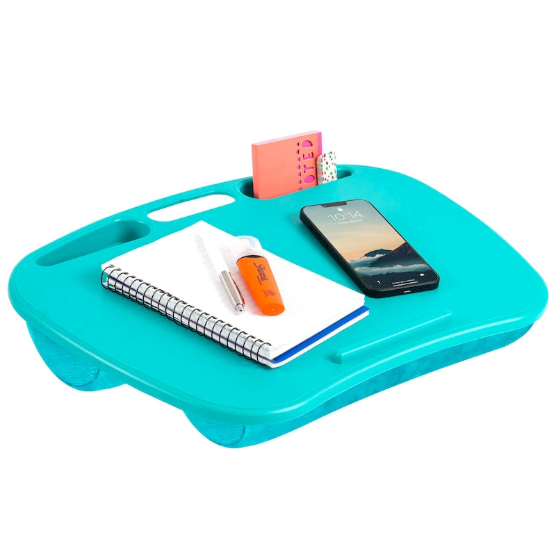 Bureau portable avec rebord pour appareil et compartiments de rangement