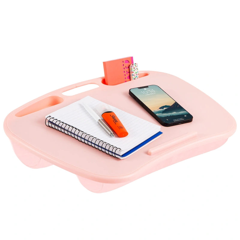 Bureau portable avec rebord pour appareil et compartiments de rangement