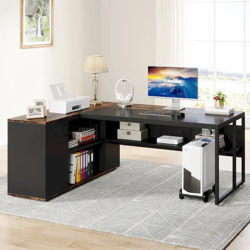 Bureau d'ordinateur d'angle en forme de L de 180 cm avec armoire