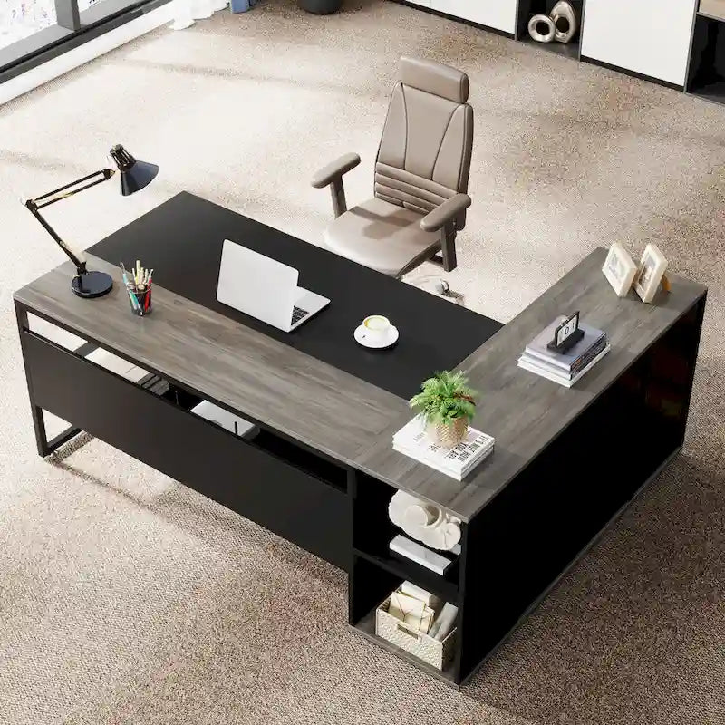 Bureau d'ordinateur d'angle en forme de L de 180 cm avec armoire