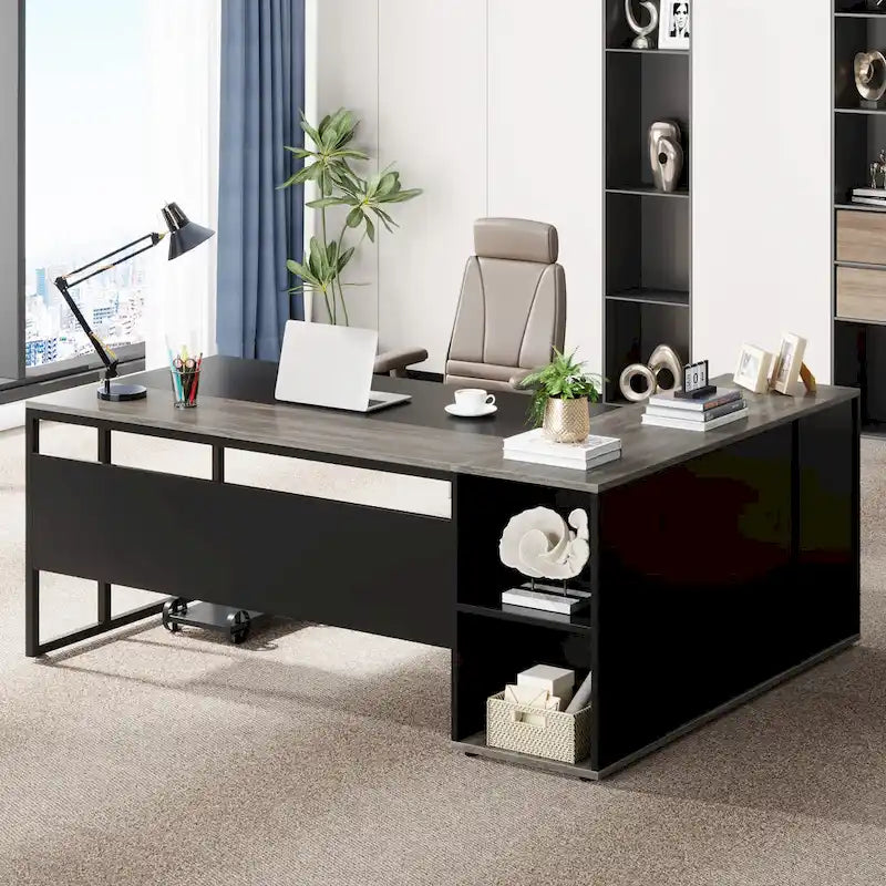 Bureau d'ordinateur d'angle en forme de L de 180 cm avec armoire