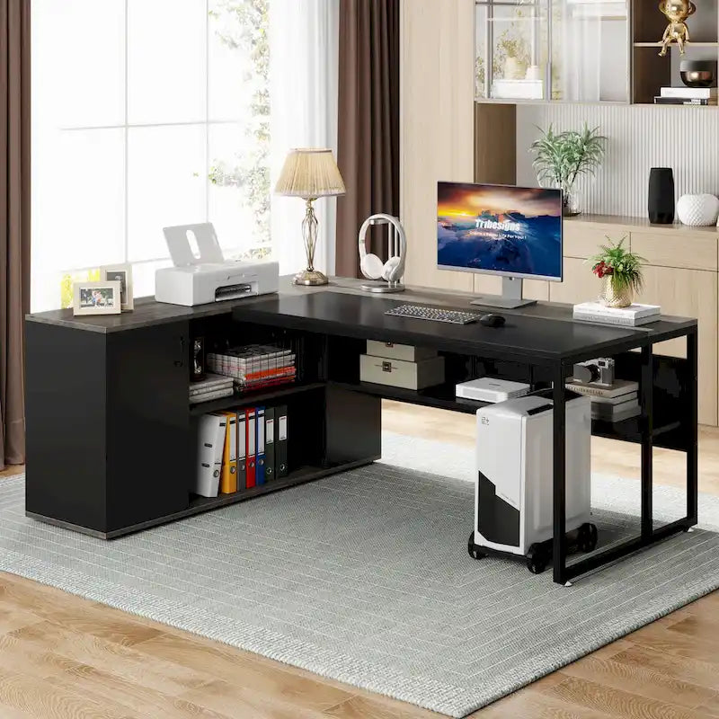 Bureau d'ordinateur d'angle en forme de L de 180 cm avec armoire