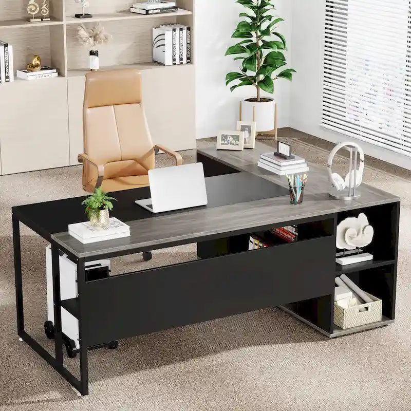 Bureau d'ordinateur d'angle en forme de L de 180 cm avec armoire