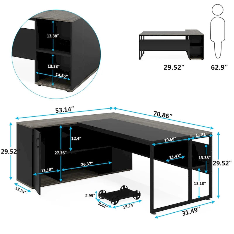 Bureau d'ordinateur d'angle en forme de L de 180 cm avec armoire
