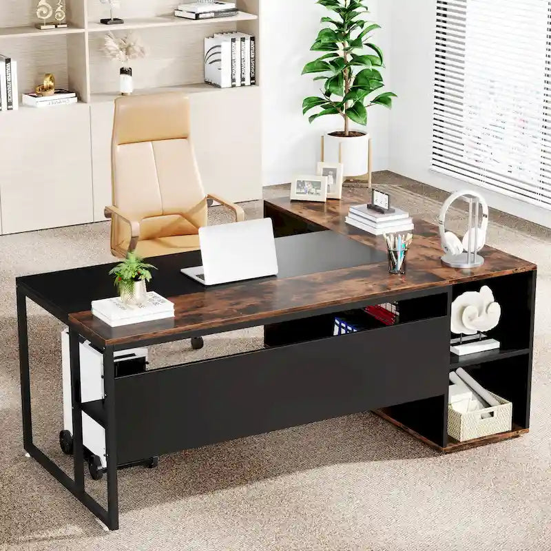 Bureau d'ordinateur d'angle en forme de L de 180 cm avec armoire