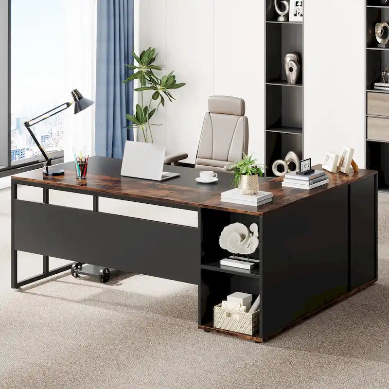 Bureau d'ordinateur d'angle en forme de L de 180 cm avec armoire