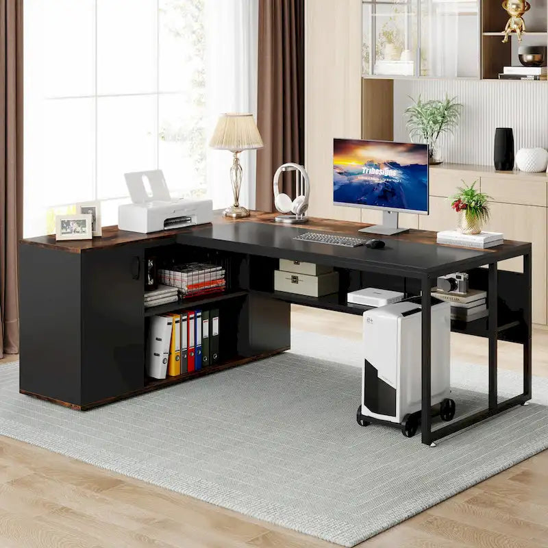 Bureau d'ordinateur d'angle en forme de L de 180 cm avec armoire