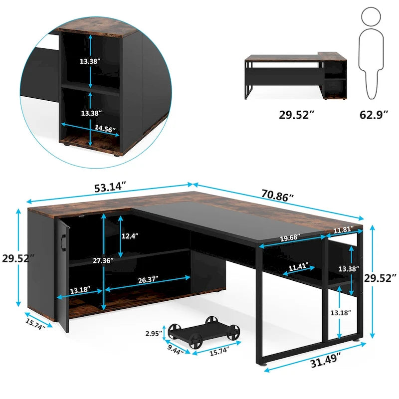 Bureau d'ordinateur d'angle en forme de L de 180 cm avec armoire