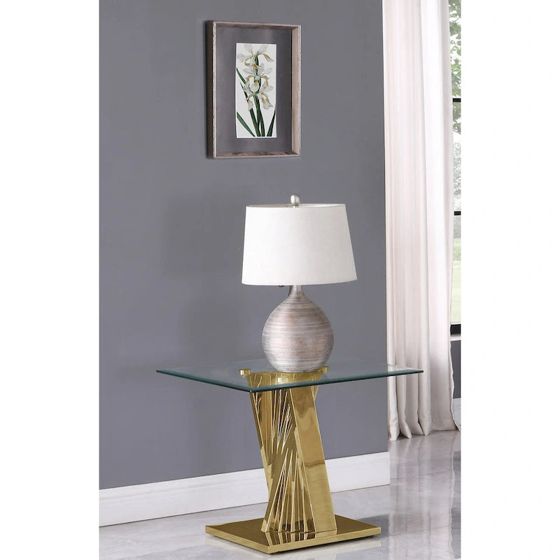Table d'appoint moderne en verre avec base spirale dorée