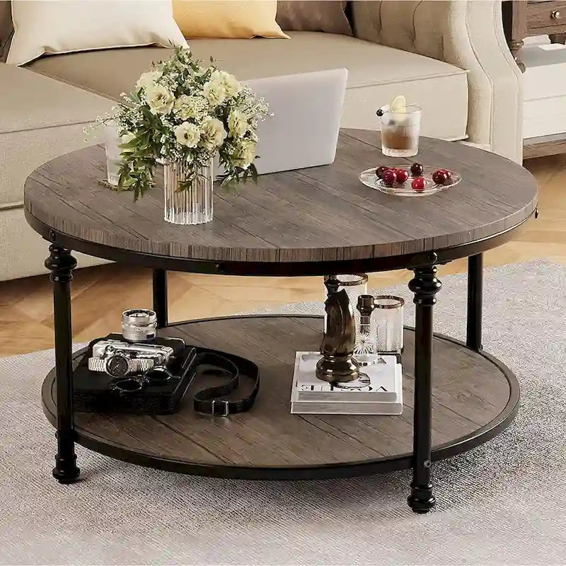 Table basse ronde pour salon, table basse rustique avec étagère de rangement