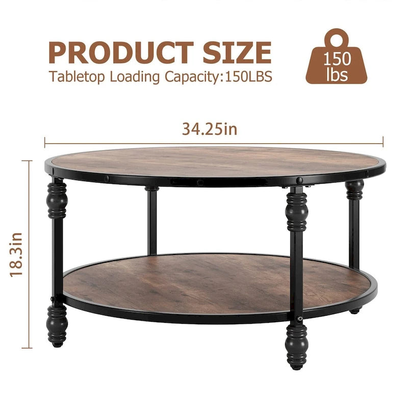 Table basse ronde pour salon, table basse rustique avec étagère de rangement