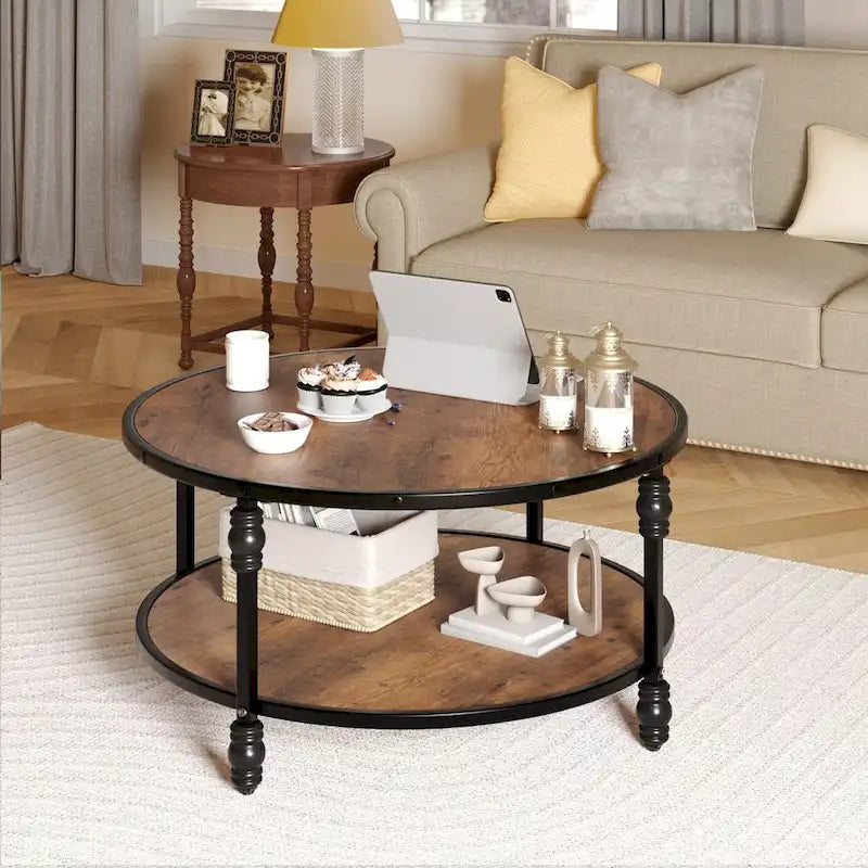 Table basse ronde pour salon, table basse rustique avec étagère de rangement