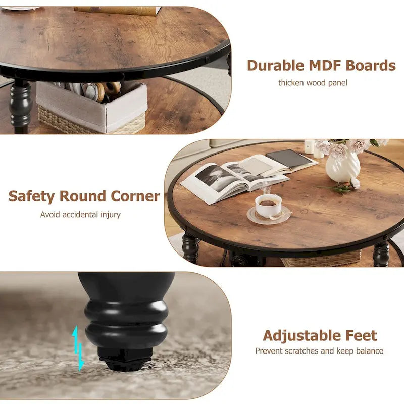 Table basse ronde pour salon, table basse rustique avec étagère de rangement
