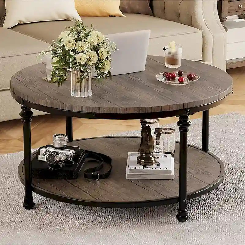 Table basse ronde pour salon, table basse rustique avec étagère de rangement