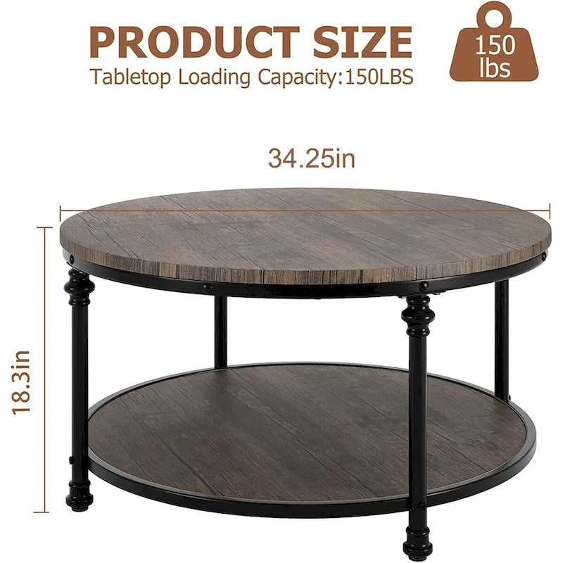 Table basse ronde pour salon, table basse rustique avec étagère de rangement