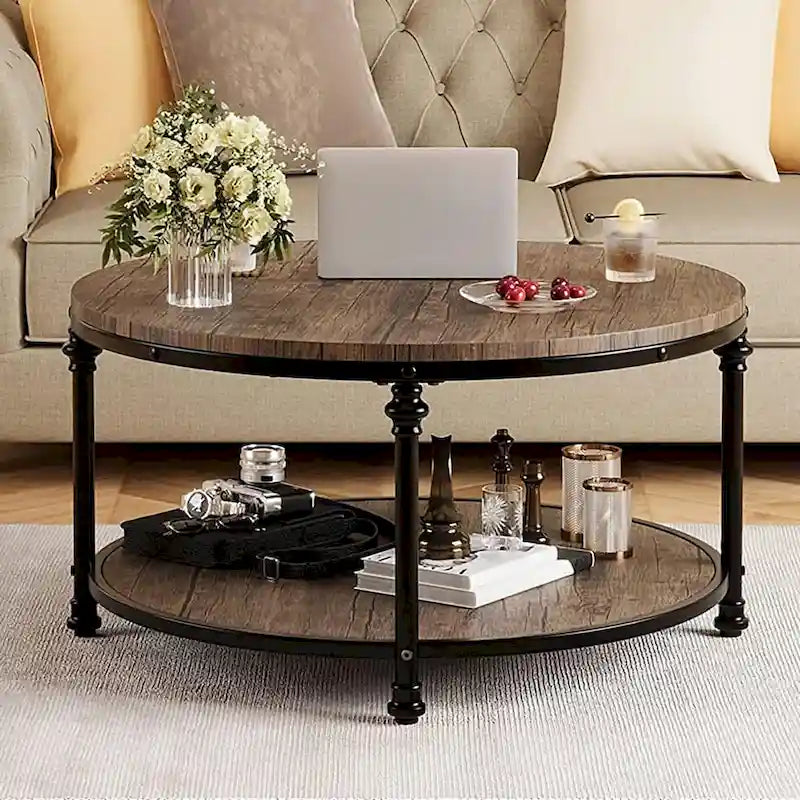 Table basse ronde pour salon, table basse rustique avec étagère de rangement
