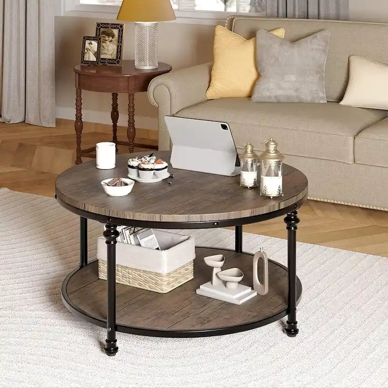 Table basse ronde pour salon, table basse rustique avec étagère de rangement