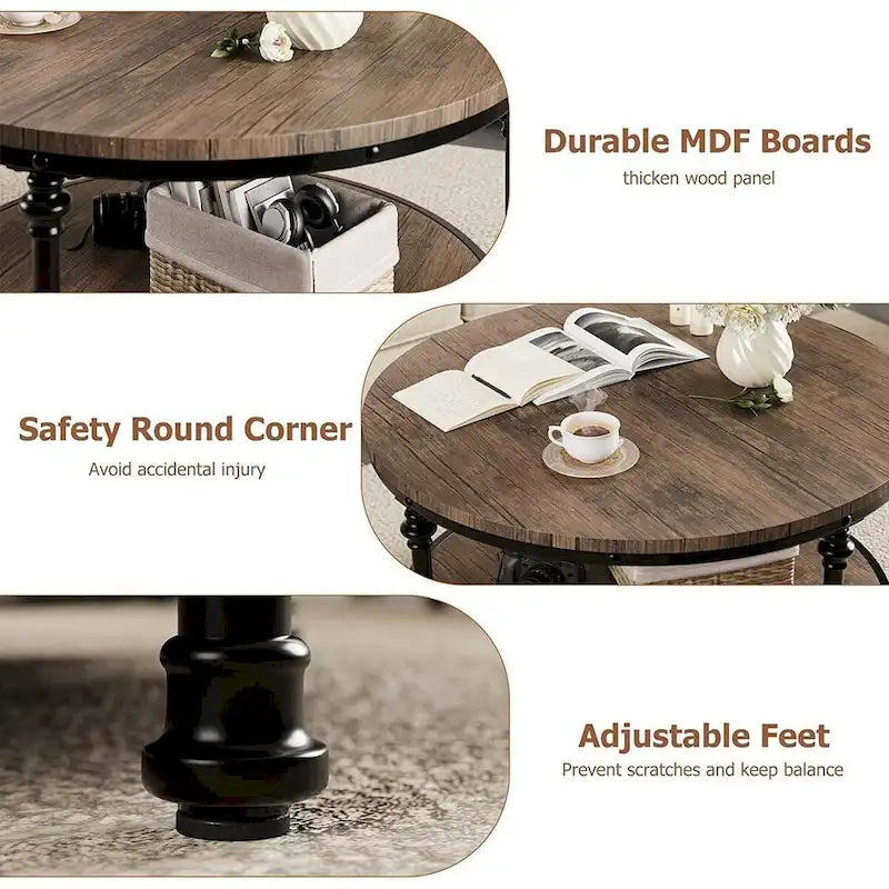Table basse ronde pour salon, table basse rustique avec étagère de rangement