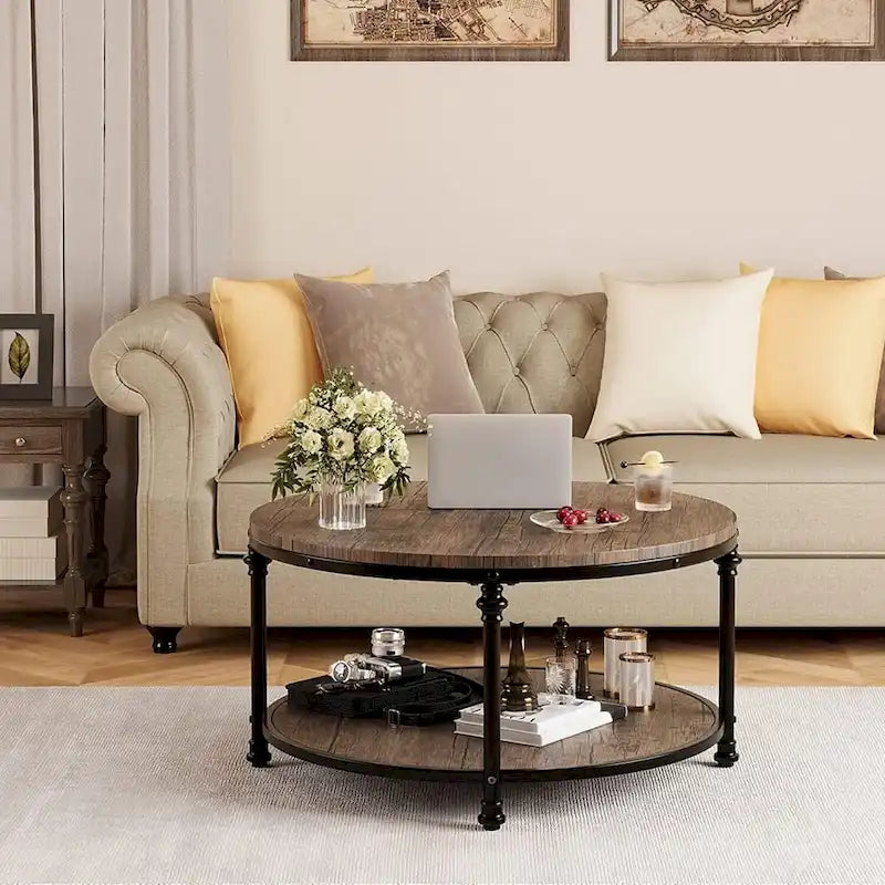 Table basse ronde pour salon, table basse rustique avec étagère de rangement