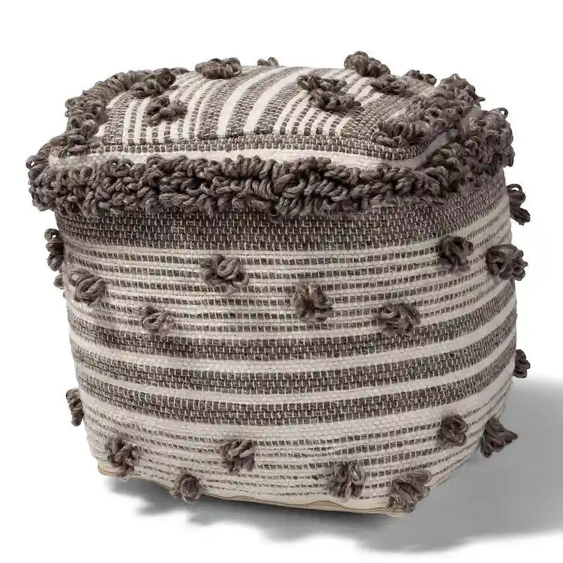 Pouf marocain ottoman en laine tissée à la main ivoire et marron