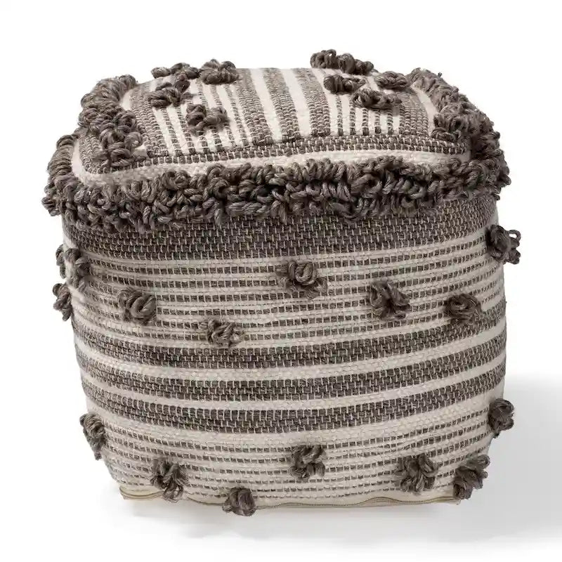 Pouf marocain ottoman en laine tissée à la main ivoire et marron