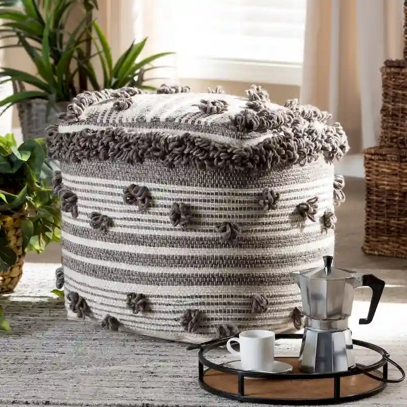 Pouf marocain ottoman en laine tissée à la main ivoire et marron