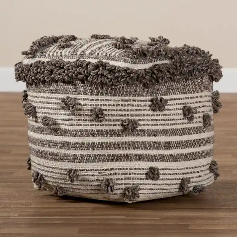 Pouf marocain ottoman en laine tissée à la main ivoire et marron