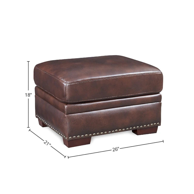 Pouf carré en cuir pleine fleur avec garniture cloutée