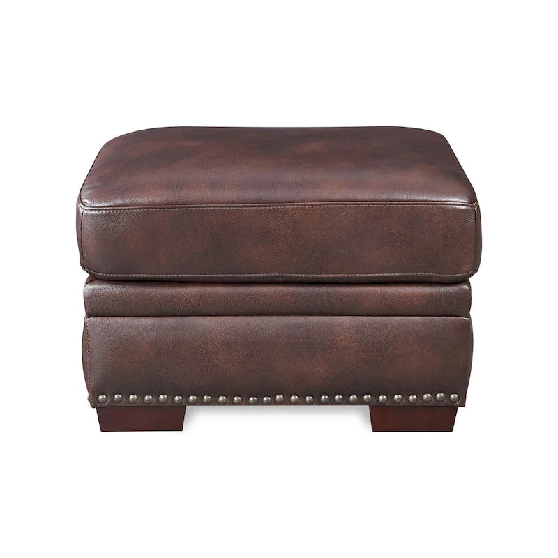 Pouf carré en cuir pleine fleur avec garniture cloutée