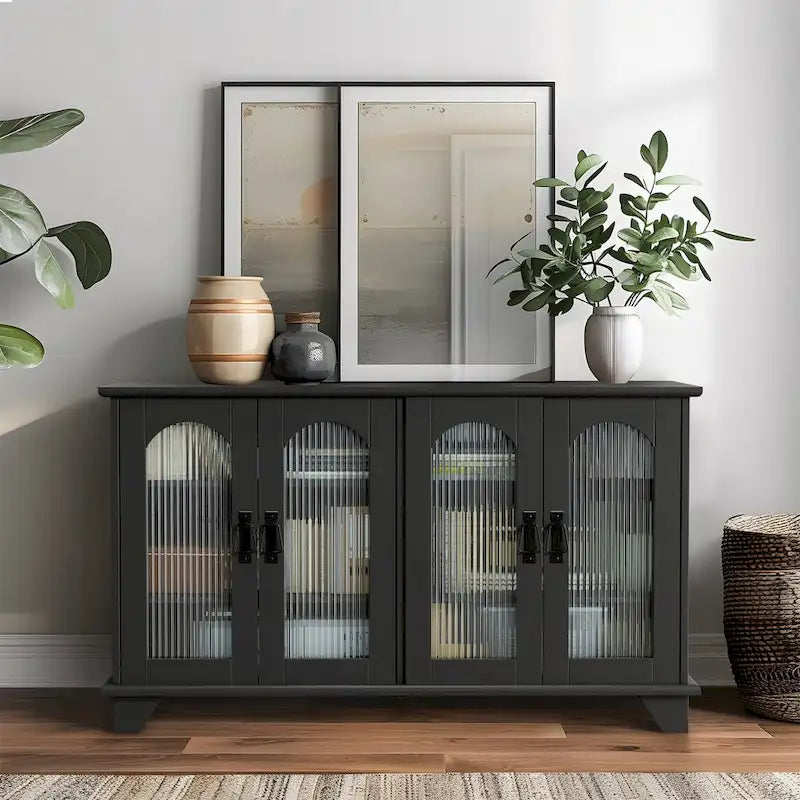 Meuble TV support multimédia de 114 cm (45 po) de largeur x 66 cm (26 po) de hauteur avec porte en verre arqué