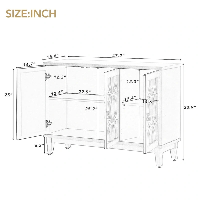 Bahut miroir 3 portes avec étagères réglables