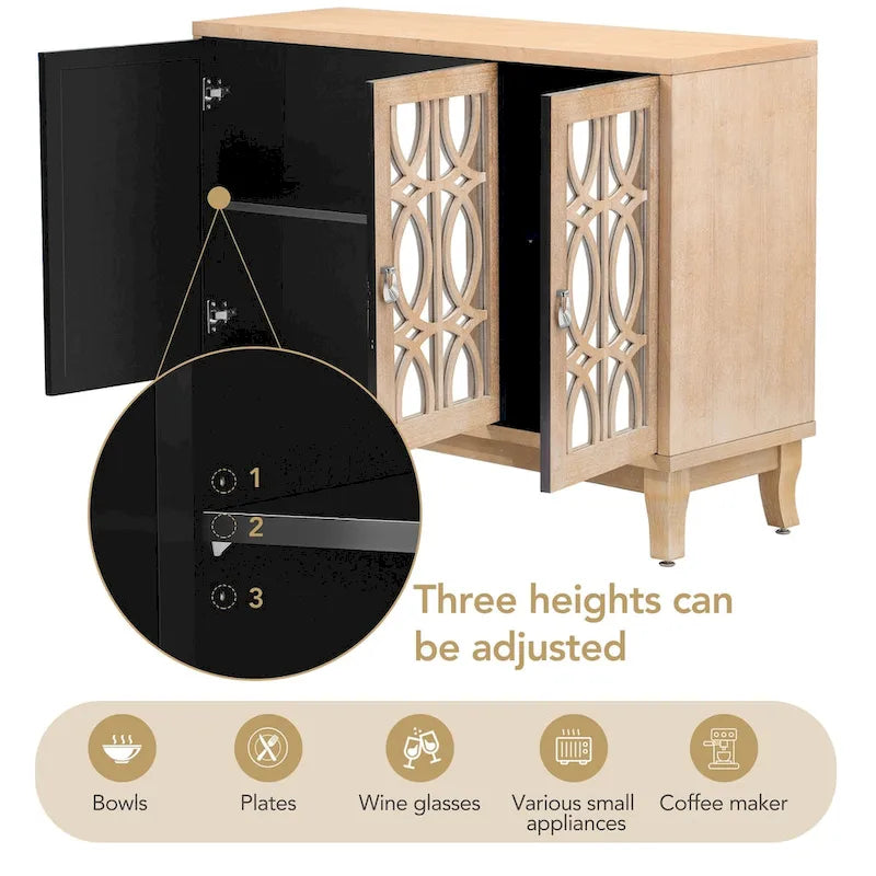 Bahut miroir 3 portes avec étagères réglables