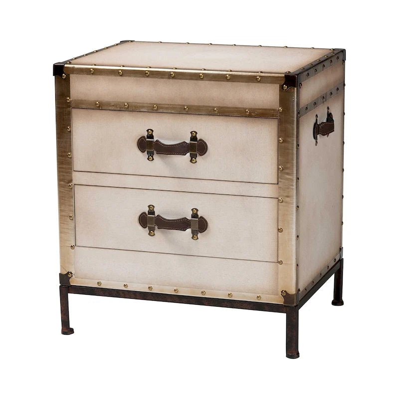 Malle de table d'appoint vintage en toile avec 2 tiroirs