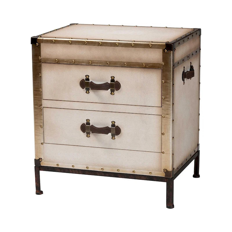 Malle de table d'appoint vintage en toile avec 2 tiroirs