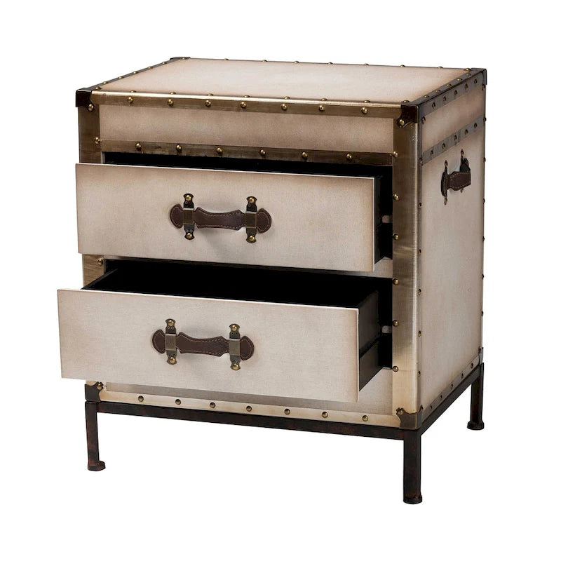 Malle de table d'appoint vintage en toile avec 2 tiroirs