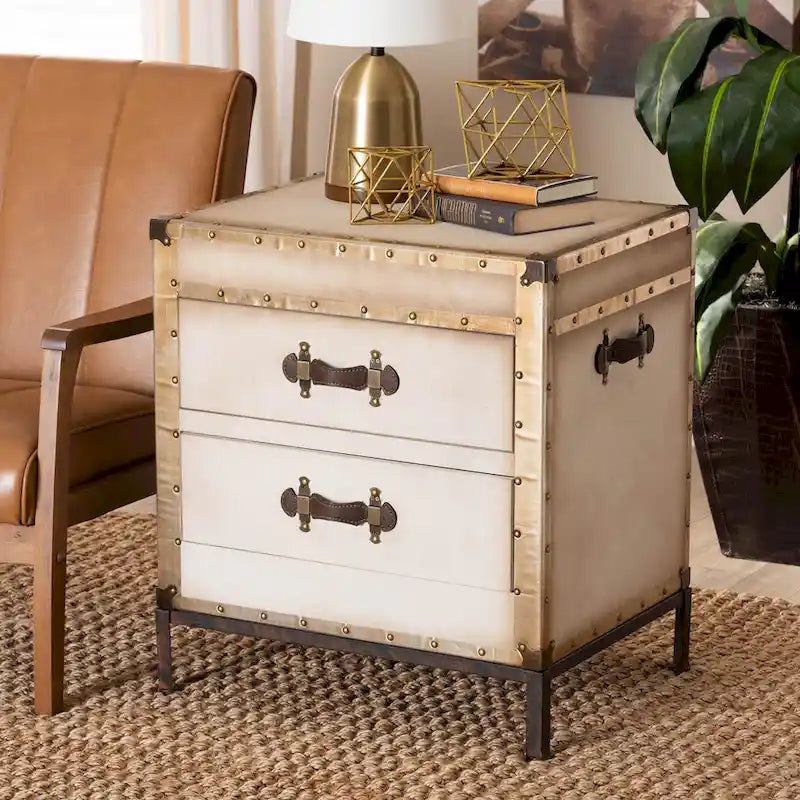 Malle de table d'appoint vintage en toile avec 2 tiroirs