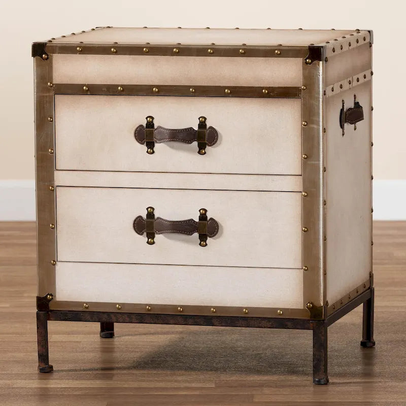 Malle de table d'appoint vintage en toile avec 2 tiroirs